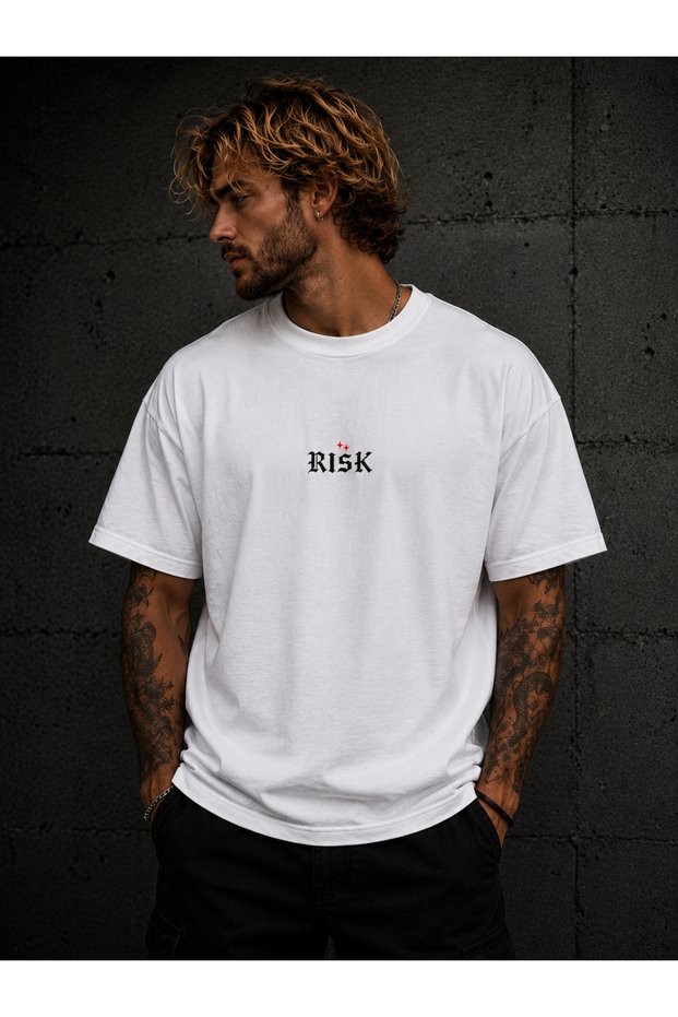 Men's Printed Oversized White T-Shirt 100% Cotton Ribbed Collar with Collar Strap