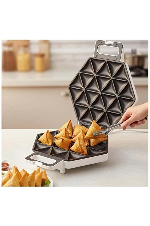 Electric Mini Samosa Maker 1400W, 24-Piece Non-Stick Plates, Cool Touch Handle, Low-Fat Cooking, Stainless Steel Design, Power & Ready Indicator Lights, Quick Homemade Snacks