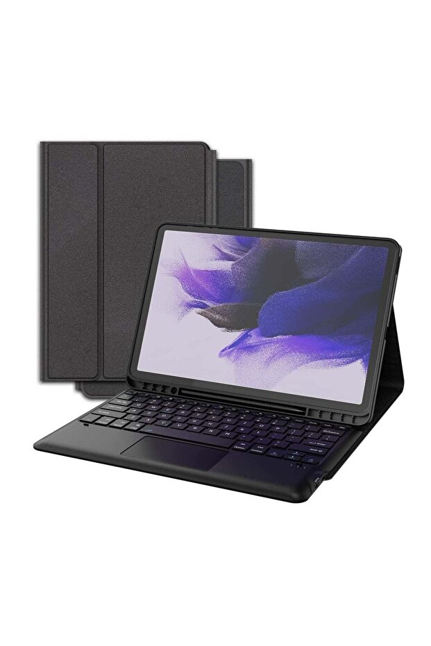Smart Wireless Waterproof Detachable Magnetic Tablet Trackpad Keyboard Cover for S7 FE SM-T730/T736 with S Pen Holder (Black)