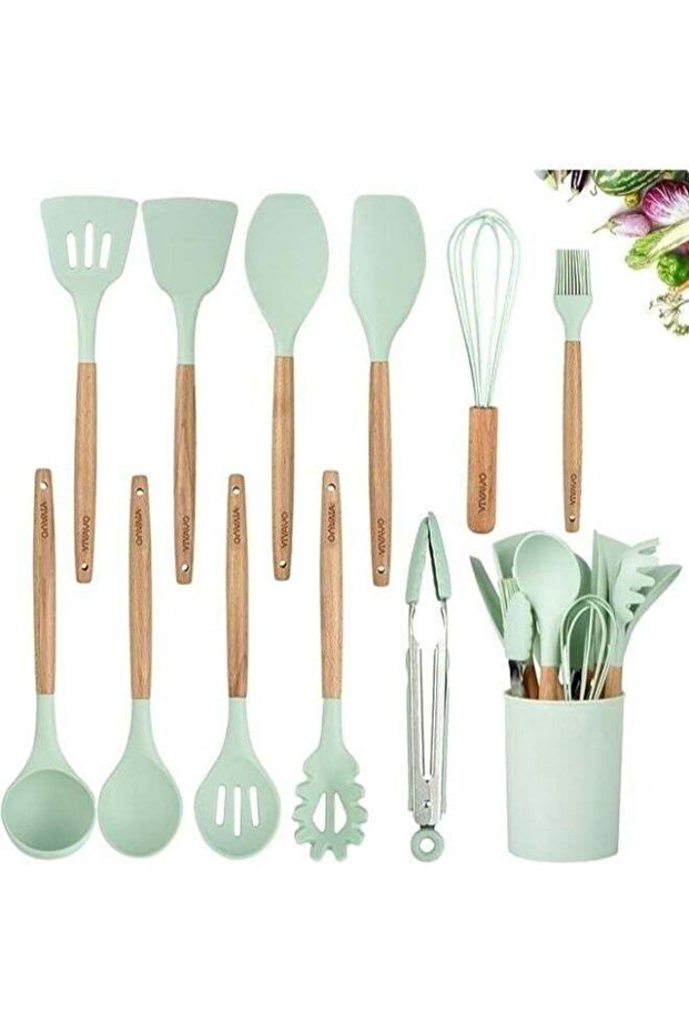12-Piece Silicone Kitchen Utensil Set with Wooden Handles & Holder – Non-Stick Cooking Tools