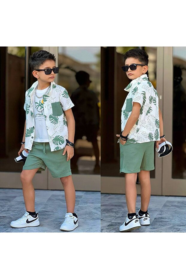 11733 Leaf Printed Muslin Tank Top and Shorts Set