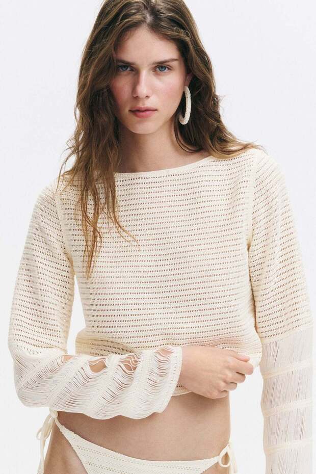 Crochet-look boat-neck top