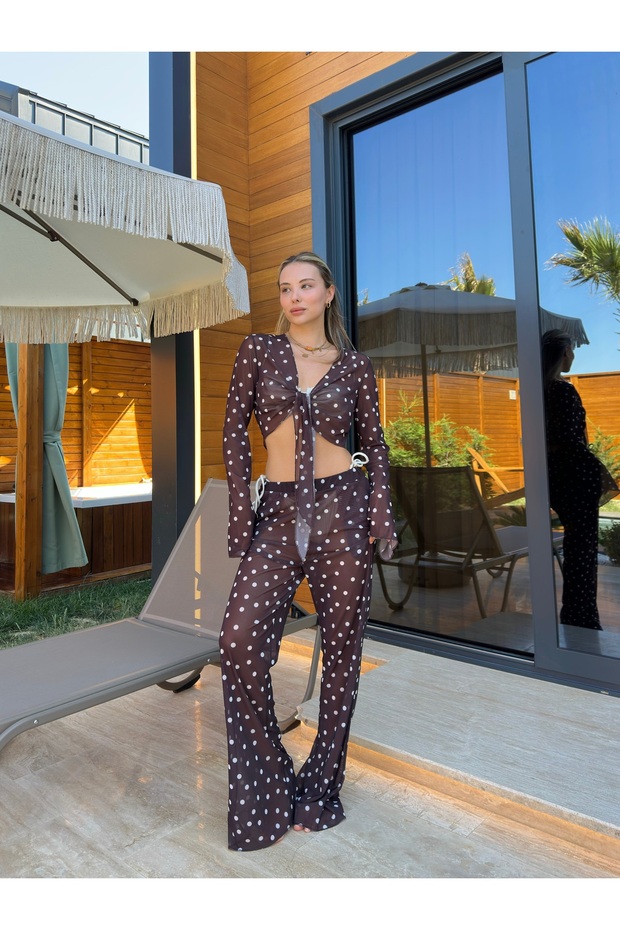 Women's Brown Polka Dot Front Tie Pareo Set