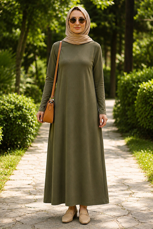 Long Sleeve Long Combed Cotton Dress with Crew Neck 2031