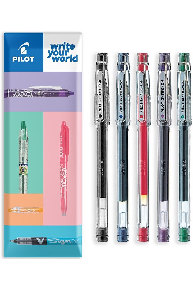 G-Tec C4 Gel Rollerball Pen, 0.4 mm Tip, 0.2 mm Line Width, Black, Blue, Red, Green and Violet, Pack of 5