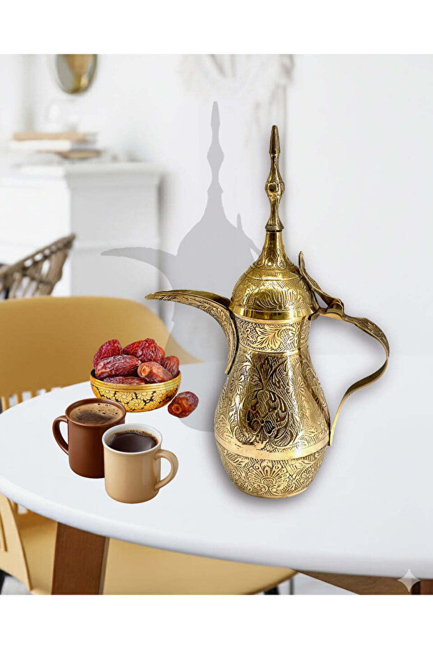 Brass Coffee Dallah Emboss Saudi Design With Gold Finish (H:10"W:4"Weight:700ml)