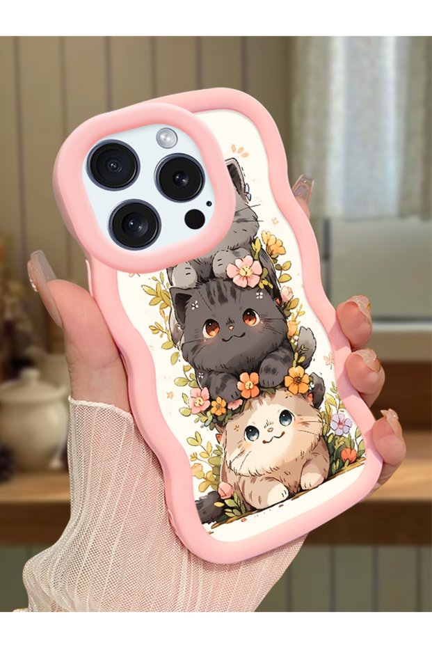 iPhone 15 Pro Max Compatible Case Camera Protector Pink Silicone Couple Phone Case Cat Pattern