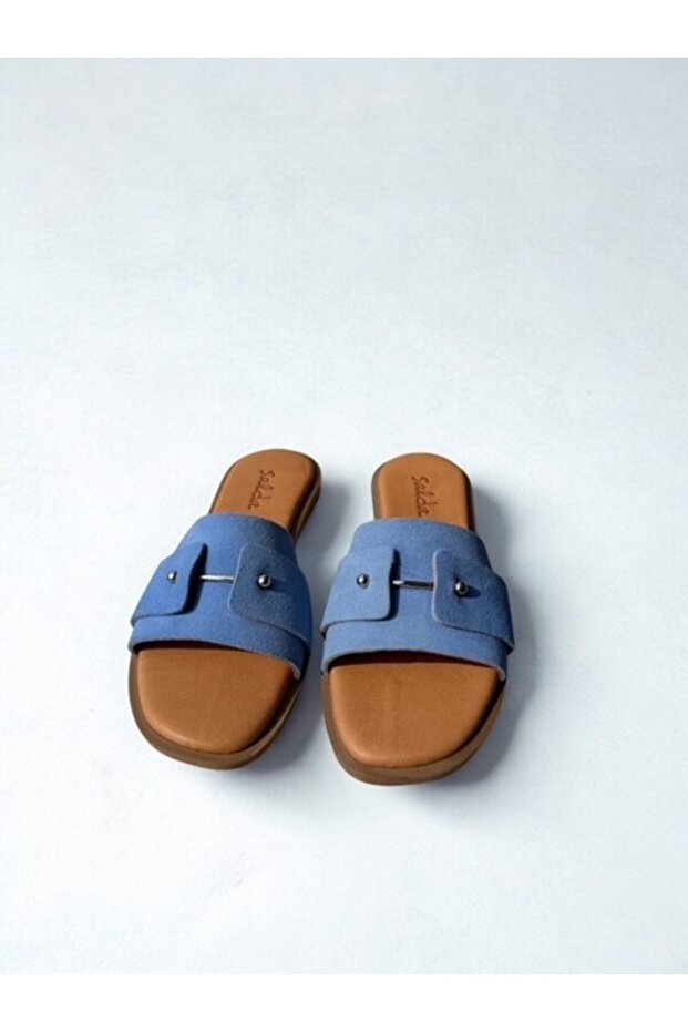 Genuine Leather Blue Suede Single Buckle Slippers for Women