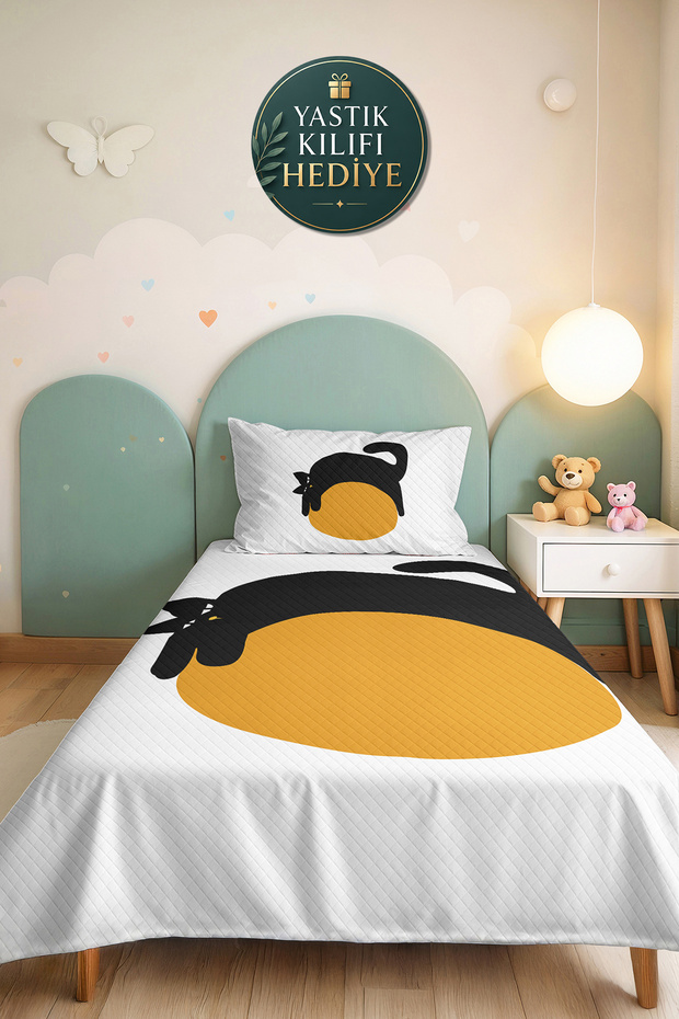 Minimal Cat Yellow Young Room Single Pique Set-Black Modern 160X220Cm Quilted Bedspread