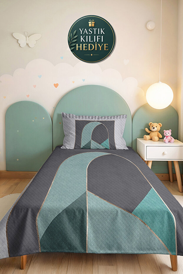 Geometric Gray Young Room Single Pique Set - Modern Mint 160X220 cm Quilted Bedspread