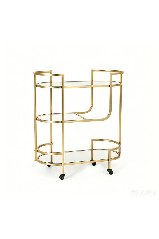 Luxury 3-Tier Oval Bar Cart with Glass Shelves, Sturdy Metal Frame Serving Trolley on Wheels for Kitchen, Dining Room, and Office – Black/Gold/Silver