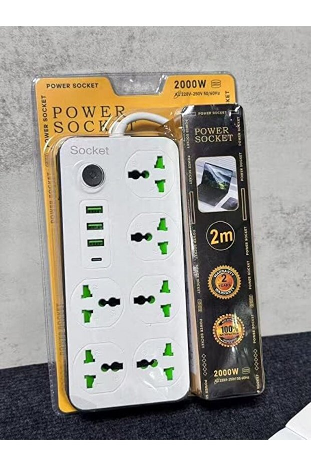 Heavy Duty 4-Way Power Socket Extension Board, 2 Meter Extension Cord, 2000W High Power Multi Socket Power Strip