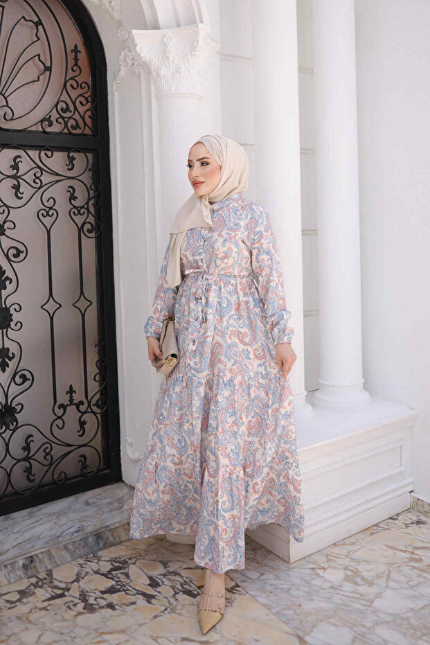 Blue Half-Buttoned Layered Dress with Elastic Sleeves