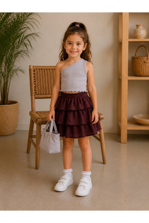 Girl's Baby Gray One-Shoulder Crop Blouse and Plum Color Layered Ruffle Summer Skirt Two-Piece Set