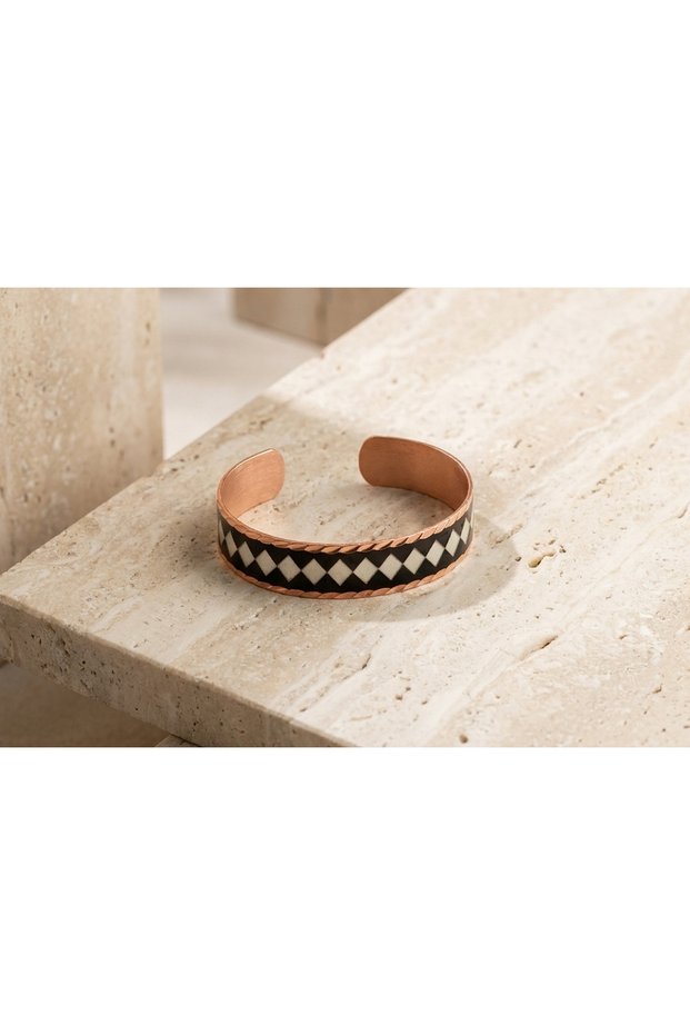 Copper Black and White Geometric Pattern Adjustable Cuff Bracelet