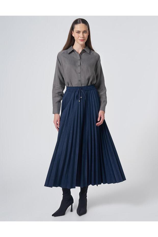 Pleated Suede Skirt Dark Navy Blue