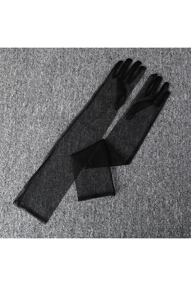One Size Black Fashion Long Sheer Tulle Gloves Ultra Thin Stretchy Full Finger Mittens Mesh Elbow We