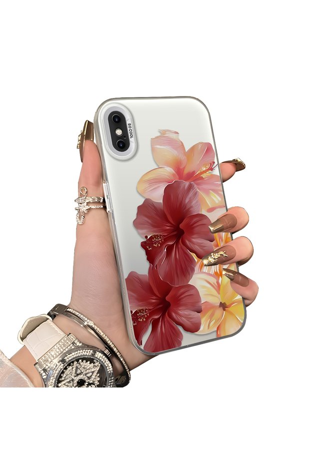 iPhone X Compatible Silicone Edge Hard Back Case Couple Phone Case with Floral Pattern