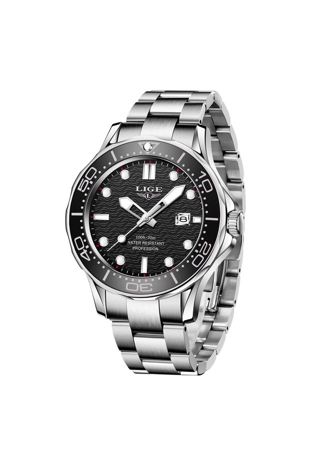 LIGE steel silver black LIGE Fashion Men Watch Casual Sport Waterproof Men's Quartz Wristwatches Top