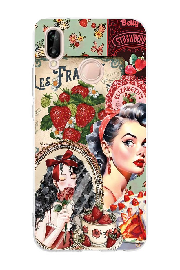 Huawei P20 Lite Compatible Retro Women's Collage Pattern Transparent Phone Case