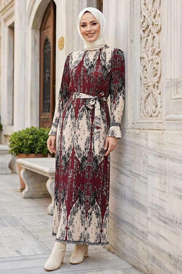 Baroque Patterned Pleated Burgundy Silk Satin Hijab Dress 95703Br