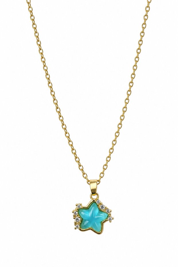 Yellow Color Star Figured Blue Stone Stylish Steel Necklace Women's Jewelry Accessory