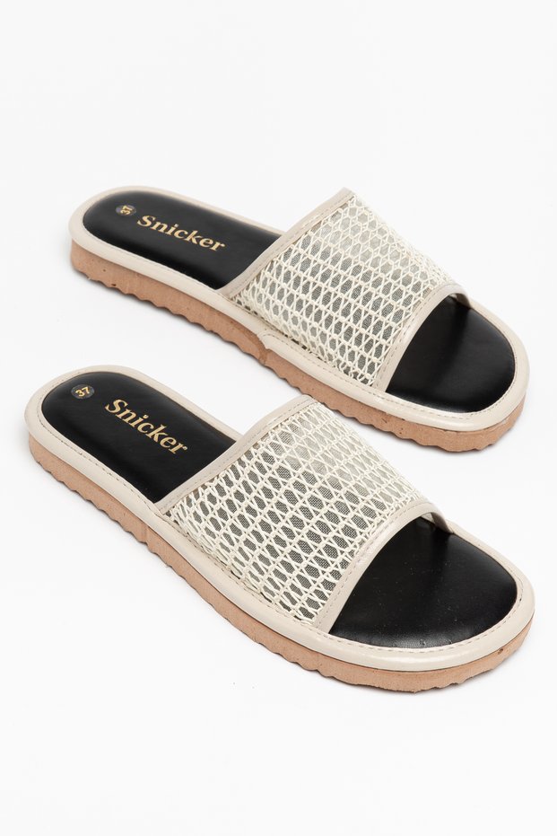 Beige Mesh Knitted Detailed Casual Flat Slippers Women's Shoes