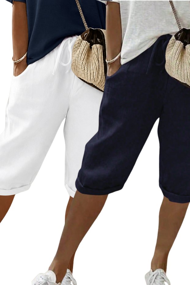 Women's Set of 2 White Navy Blue Elastic Waist Comfortable Cut Capri Shorts