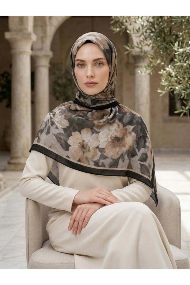 Frosted Bloom Muslin Shawl Black Beige - Breathable Natural Elegance