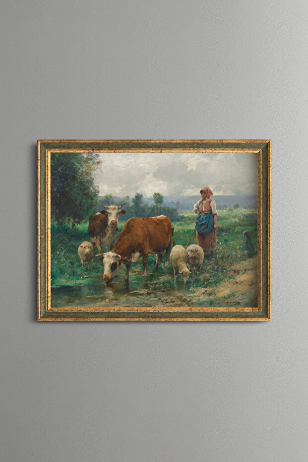 Shepherdess with Her Herd - Vintage Patterned Painting - Fine Model