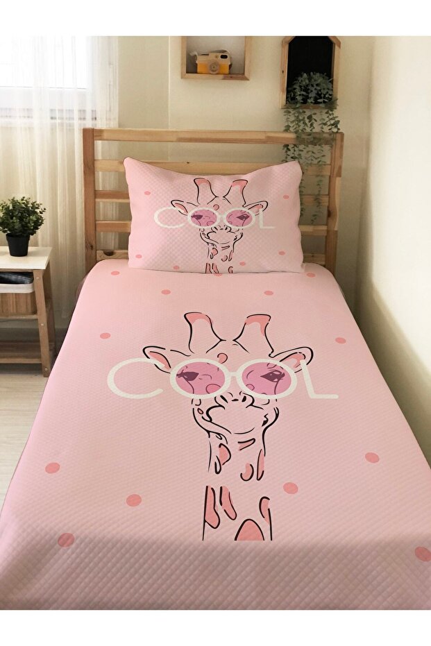 Cool Giraffe Patterned Baby and Kids Printed Single Pique Set 160 X 220 cm Pink