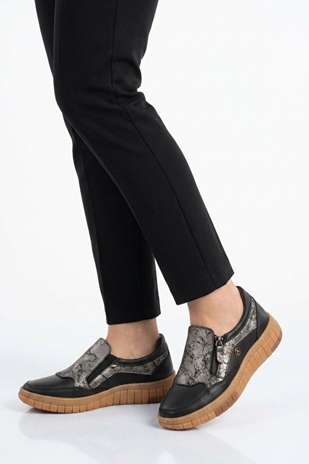 Black Patterned Genuine Leather Women's Casual Shoes