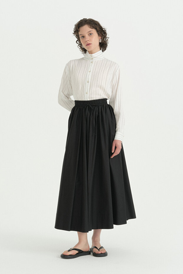 Elastic Waist Gathered Cotton Skirt - Black