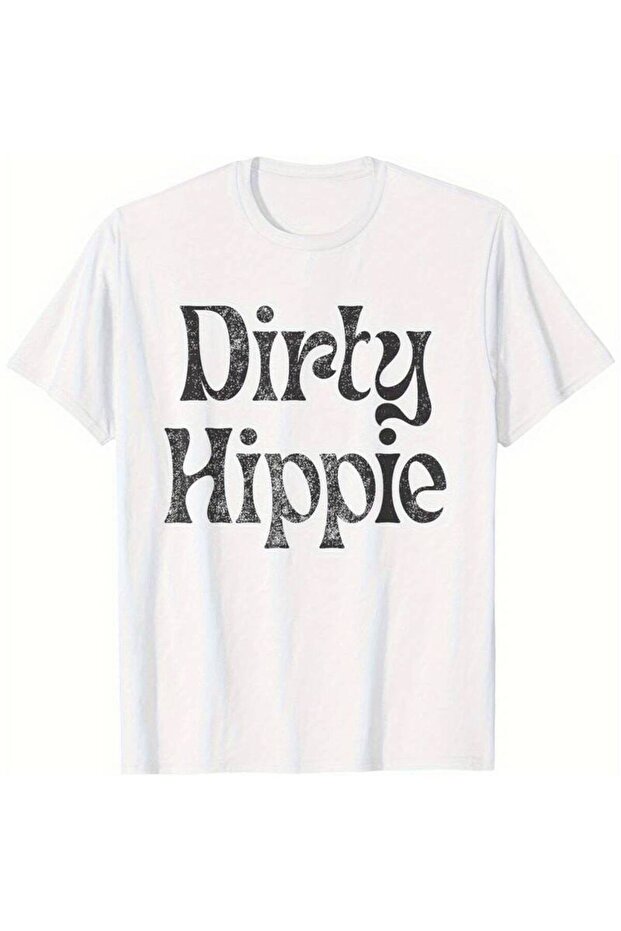 تي شيرت رجالي كلاسيكي بياقة دائرية وتصميم نصي بطبعة Dirty Hippie باللون الأسود مع تأثيرات متهالكة، مصنوع من القطن المسامي بلون سادة وأكمام قصيرة وقصة عادية، قطعة أساسية في خزانة الملابس، تي شيرت أبيض WT220439