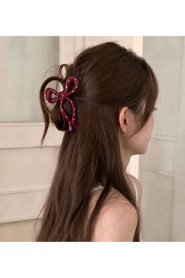 Bow Design Burgundy Color Polka Dot Hair Clip