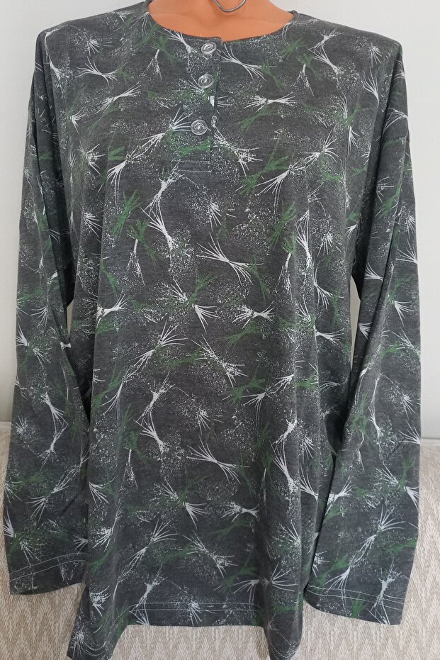 Er Clothing Paper Print Combed Cotton Blouse Long-Sleeve O-Neck 3 Buttons