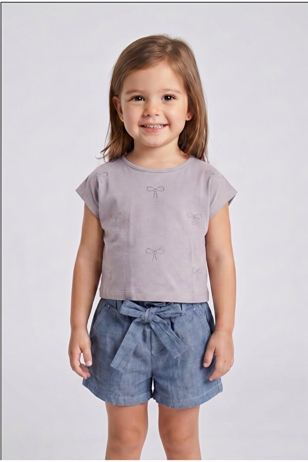 Girl's Bowknot Stone Printed T-Shirt Belted Shorts Set