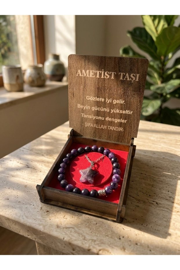 Amethyst Stone Natural Gemstone Star Cut Necklace with Wooden Box, Bracelet Set