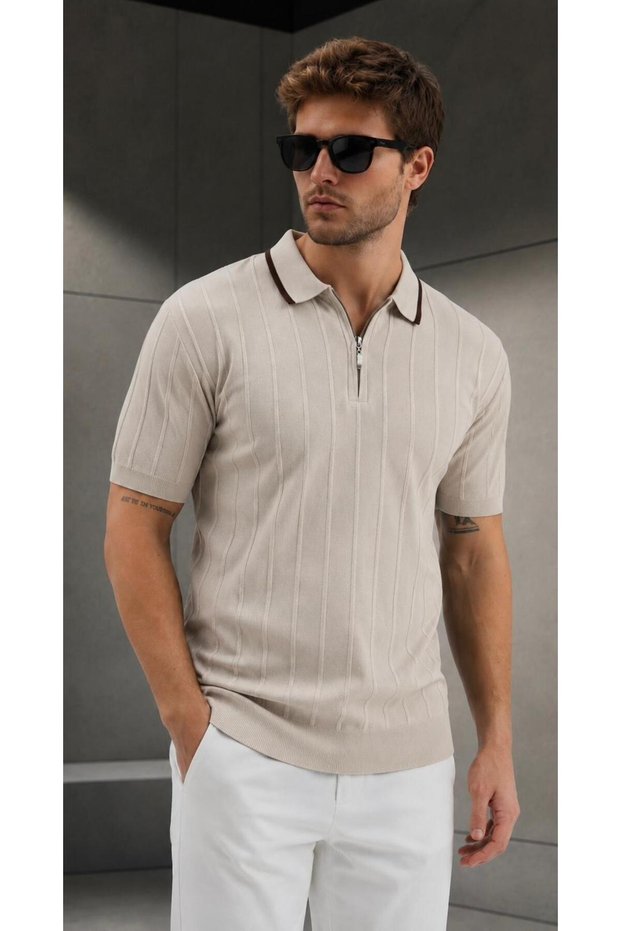 Men's polo collar zip-up t-shirt