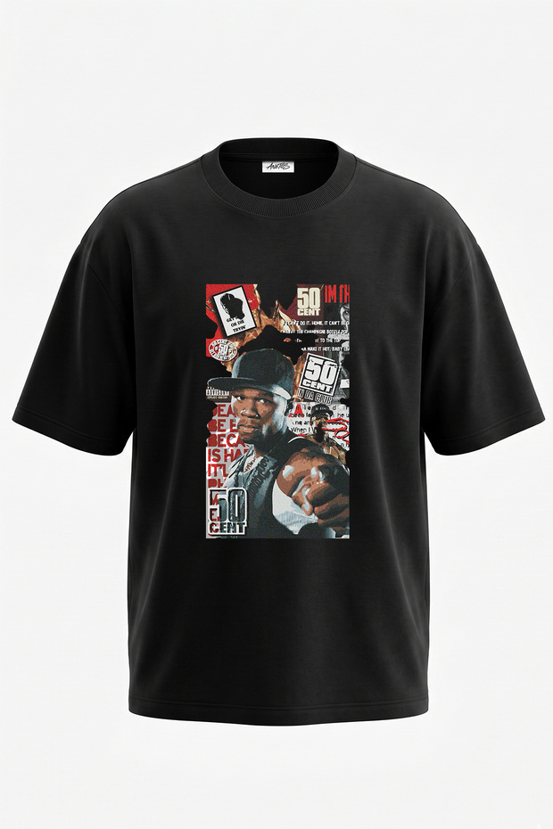 تيشيرت أسود كبير الحجم مطبوع بتصميم 50 Cent_3 للجنسين