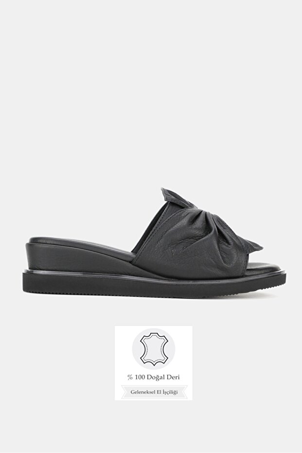 Women's Black Genuine Leather Flat Sole Daily Slippers, Size 36-42