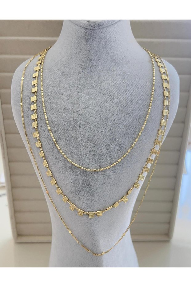 Multi-Layered Geometric Square Detailed Gold Color Chain Necklace |   Modern Minimalist Stylish Women's Necklace