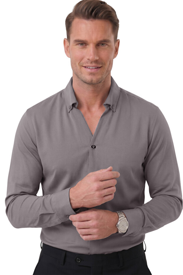 Smoked Slim Fit Easy-Ironing Open Collar Lycra Men's Shirt 2602615