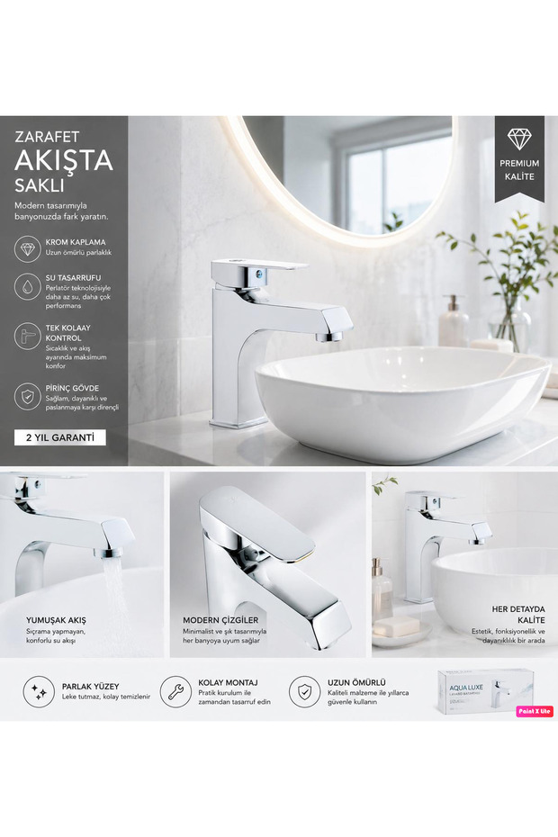 Lavabo Bataryasi Chrome Luxury Heavy Body Brass Bathroom Water Saving On/Off with 2 Year Warranty Square Hot Cold Silver Gray