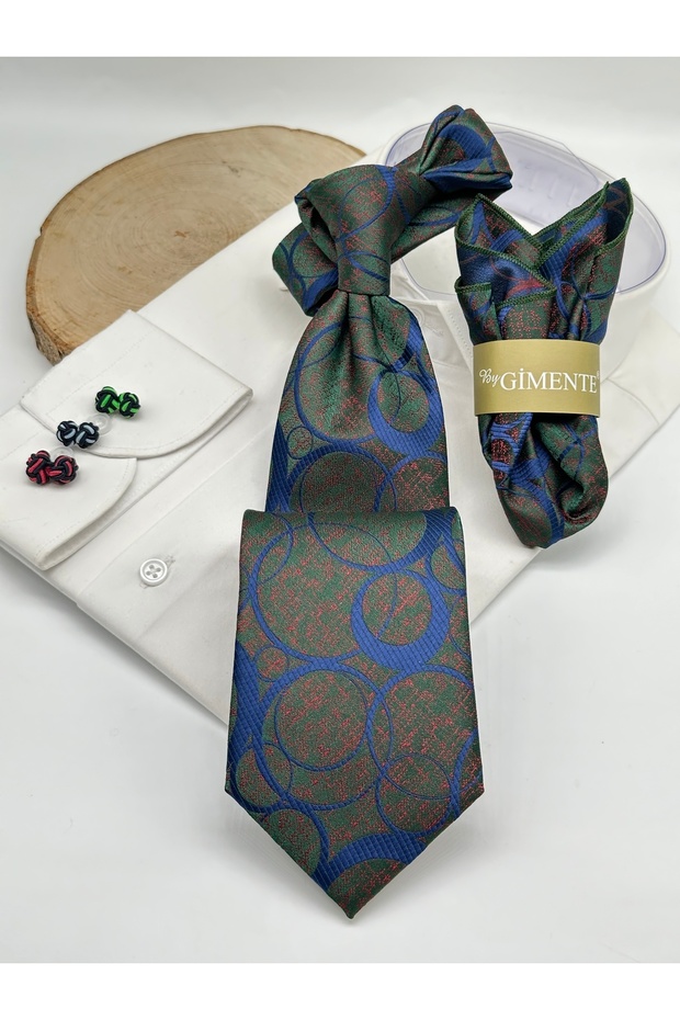 Khaki Navy Blue Patterned Classic Tie with Handkerchief