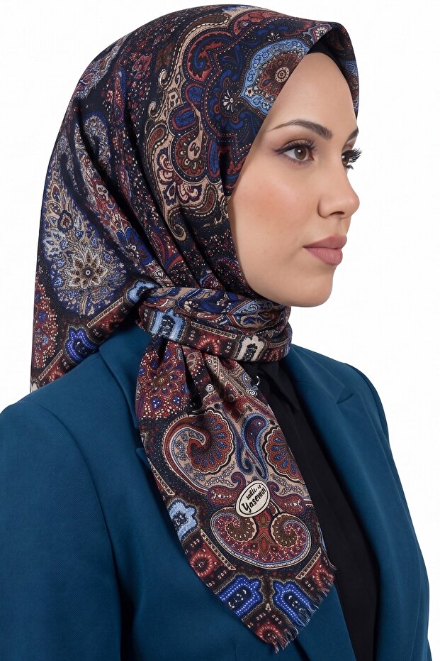 Women's Blue Coffee Paisley Patterned Flared Twill Scarf