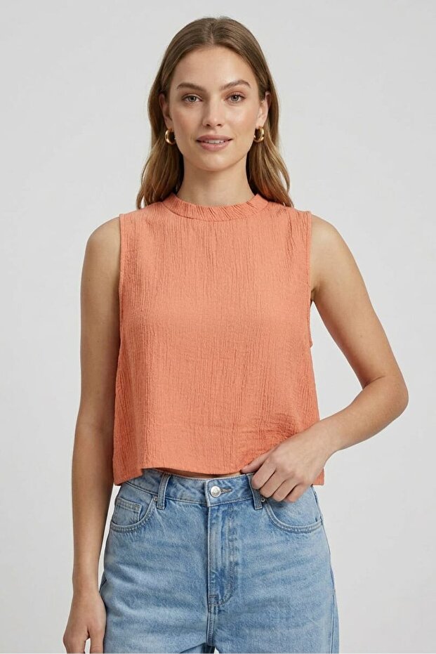 Women Crew Neck Textured Sleeveless Tank Top, Rust Orange
