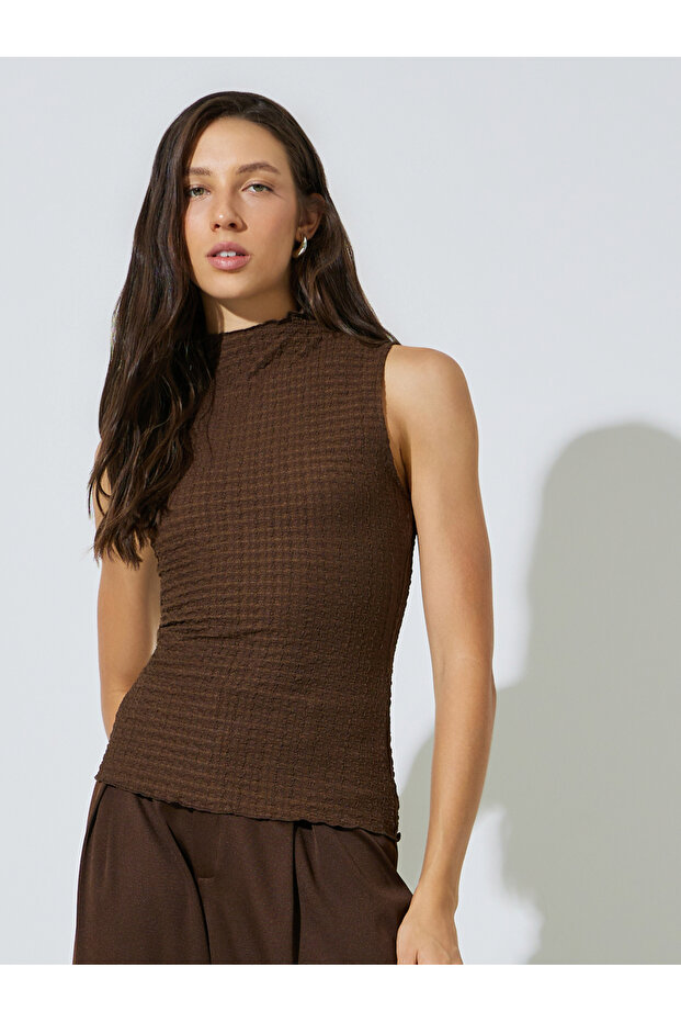 Brown High Neck Textured Knit Top