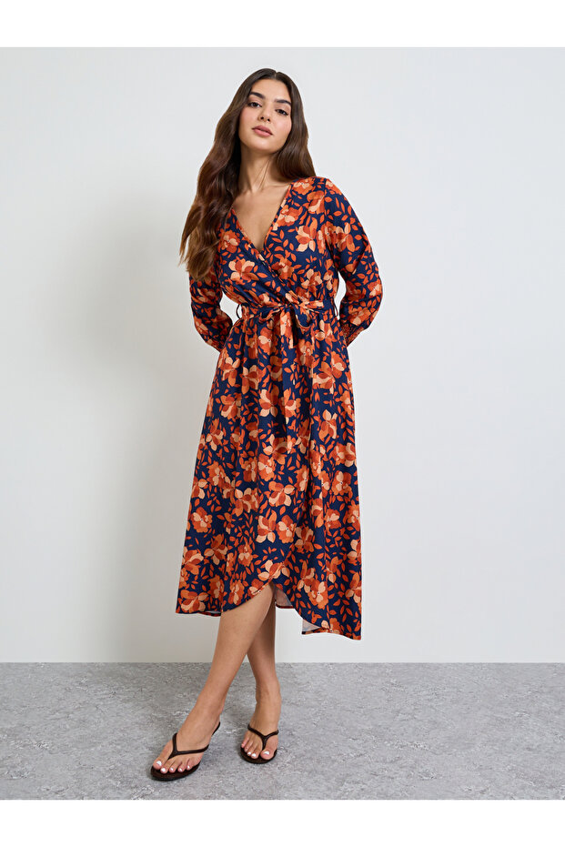 Multi Floral Wrap Midi Dress with Long Sleeves
