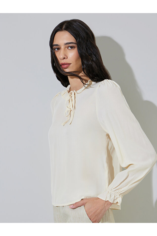 Cream Long Sleeve Blouse with Tie Neck Detail